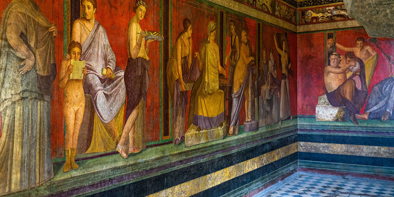 Die Fresken der Villa dei Misteri (Villa der Mysterien), einer antiken römischen Villa in der antiken Stadt Pompeji, Italien