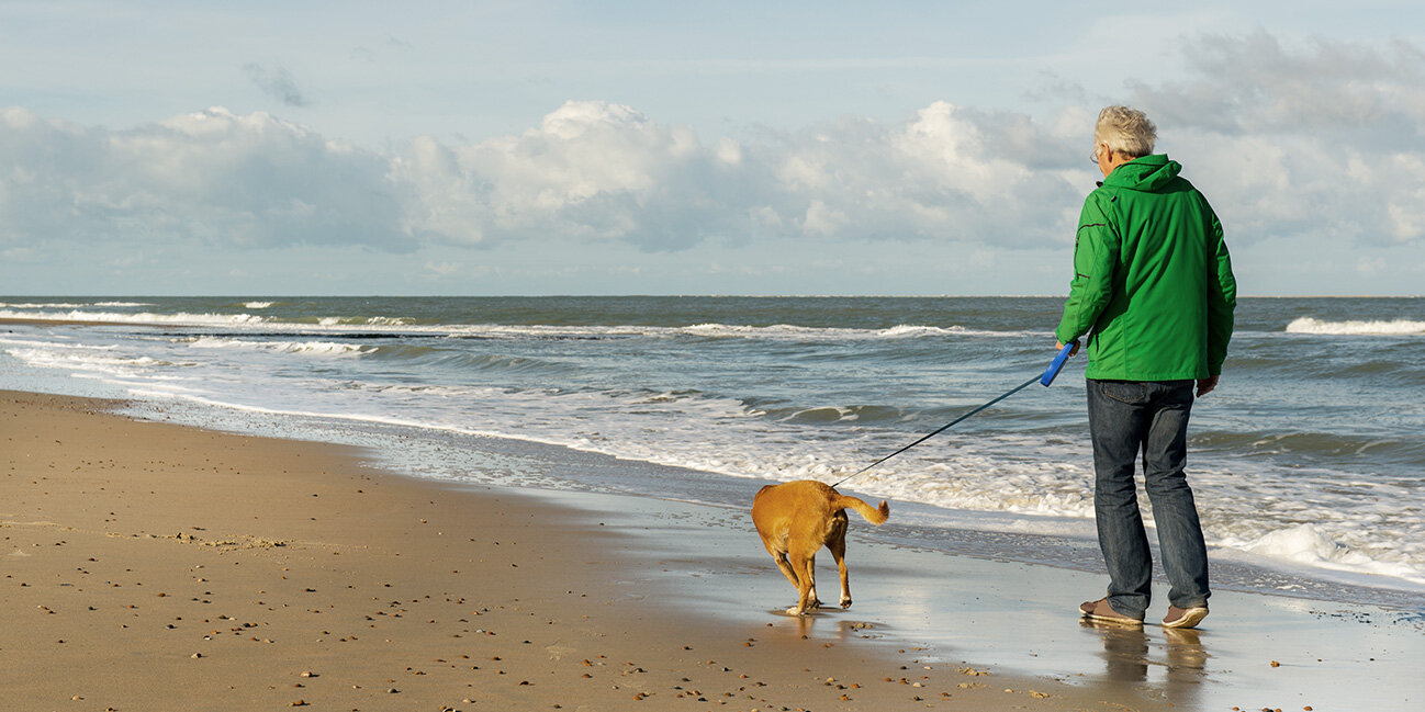 Mann spaziert mit Hund am Strand