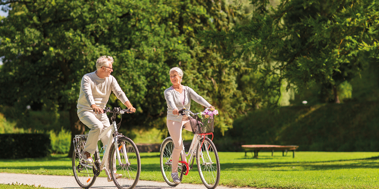 Radreisen - Paar fährt im Park Fahrrad
