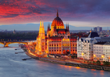 In Budapest werden am Abend Gebäude und Brücken traumhaft beleuchtet, wie hier das beeindruckende ungarische Parlament.