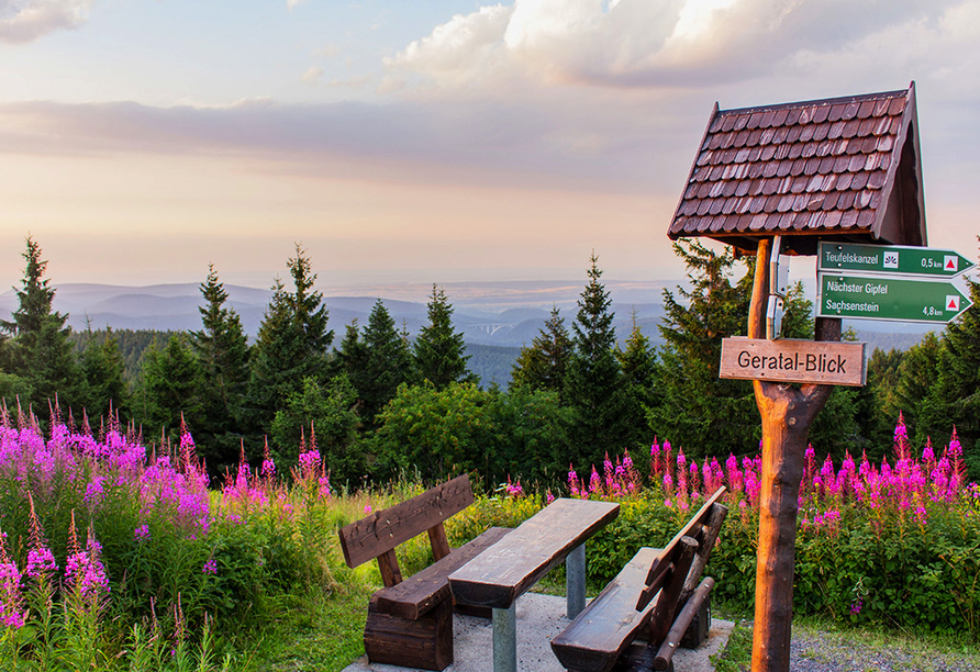 Genießen Sie den malerischen Sonnenuntergang auf dem Schneekopf, der ca. 10 km vom Berghotel Oberhof entfernt ist.