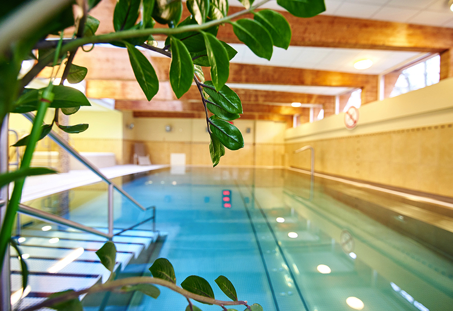 Schwimmen Sie ein paar Bahnen im Hallenbad des Hotels Jantar Spa.