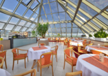 Bestaunen Sie die Aussicht auf die Natur im Dach-Café im Kurhotel Pyramida 1.