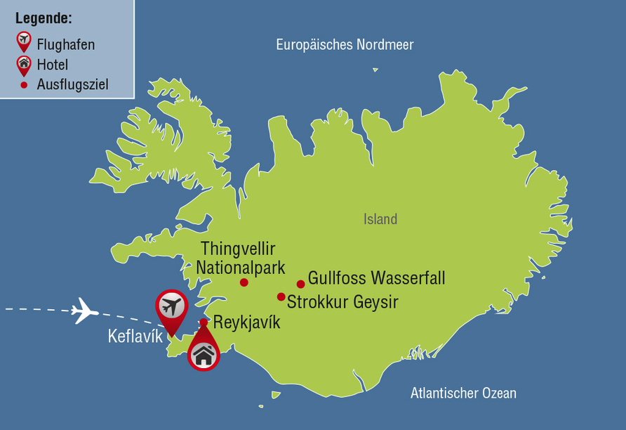 Reisezielkarte für Rundreise auf Island.