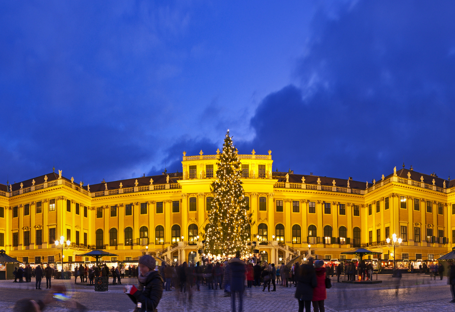 Besuchen Sie den Weihnachtsmarkt am Schloss Schönbrunn. Dieser hat bis ins neue Jahr geöffnet.