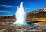 Der Strokkur-Geysir schleudert regelmäßig eine hohe Wasserfontäne in die Luft. Er zählt zu den bekanntesten Geysiren Islands.