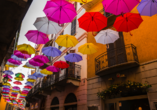 In der Altstadt von Arona wurden zahlreiche Regenschirme aufgehangen, um den Frühling zu begrüßen – eine wundervolle Atmosphäre.