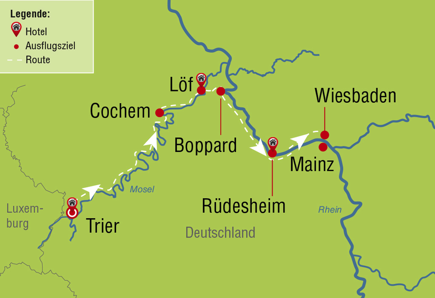 Rundreise Mosel & Rhein, Reiseroute