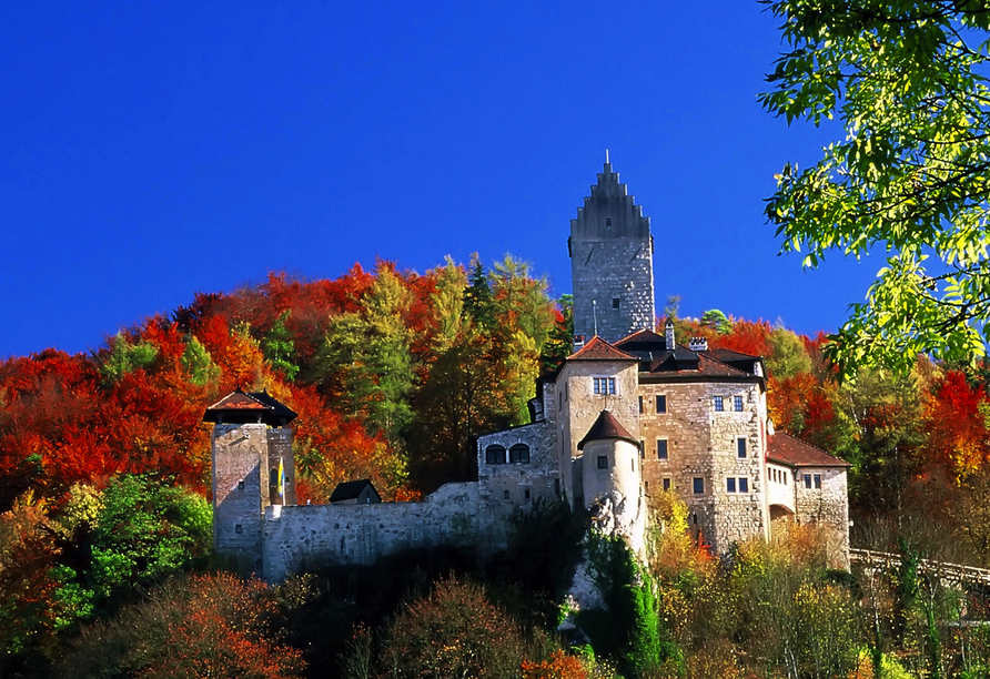 Die romantische Burg Kipfenberg ist im Herbst umgeben von farbenfrohen Bäumen.