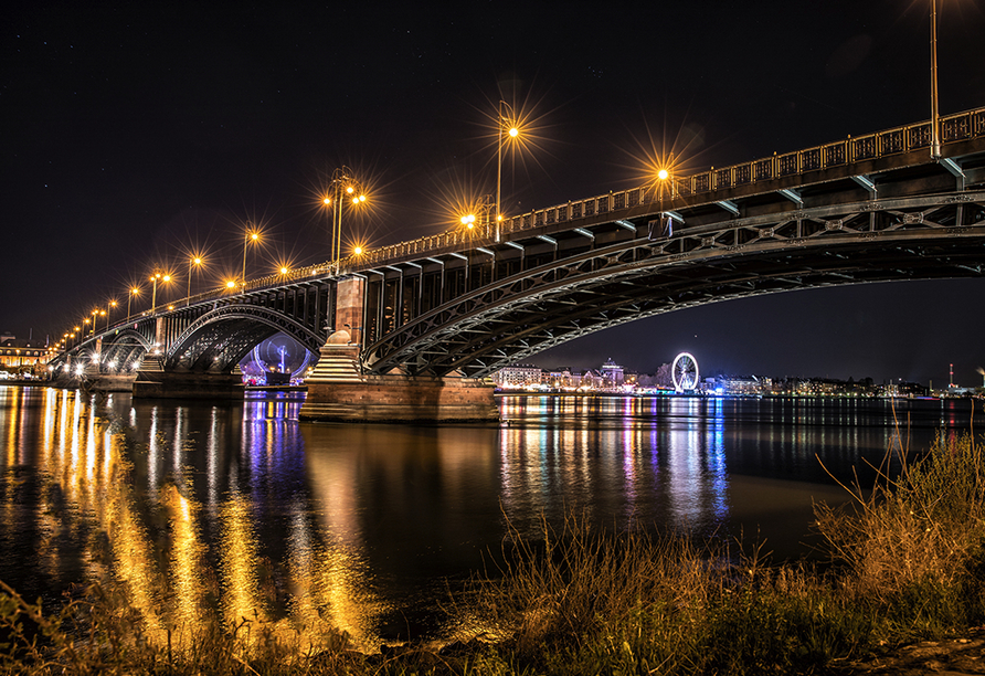 Bestaunen Sie die Theodor-Heuss-Brücke bei Nacht.
