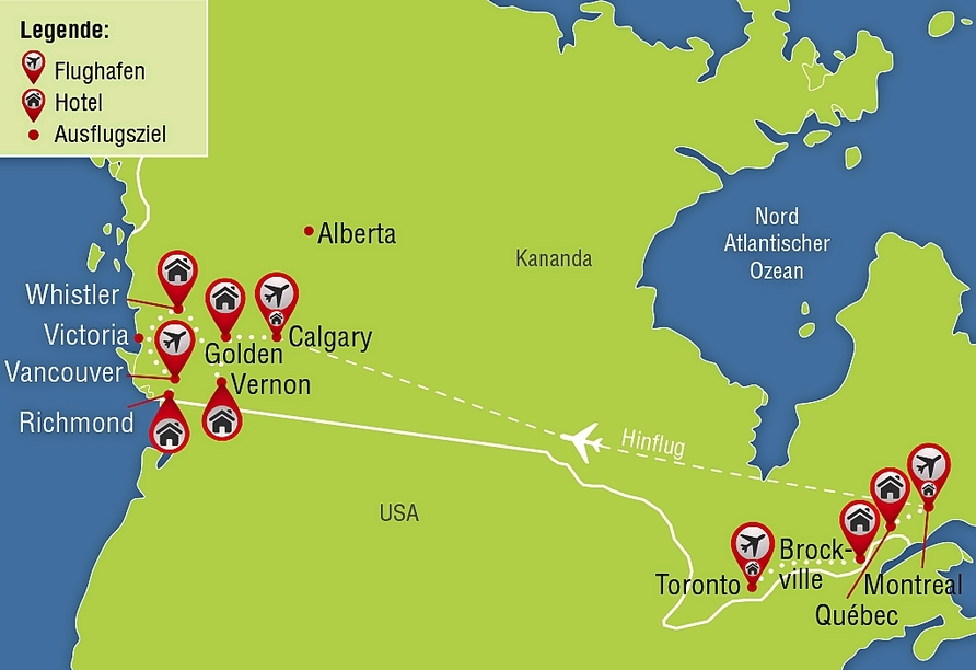 Kanadas Highlights von Ost nach West, Reisezielkarte