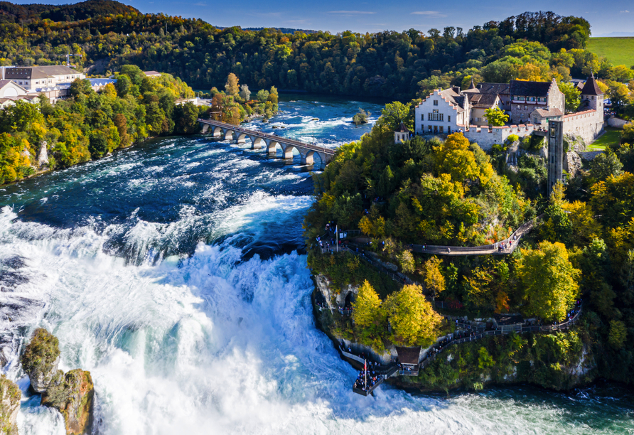 Profitieren Sie im Rahmen der DreiWelten Card u. a. von einer kostenfreien Schifffahrt zum Rheinfall von Schaffhausen.