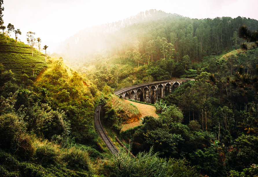Ebenfalls eine berühmte Attraktion auf der Insel ist die Viaduktbrücke, besser bekannt als Nine Arches Bridge, im Gebirge von Sri Lanka.