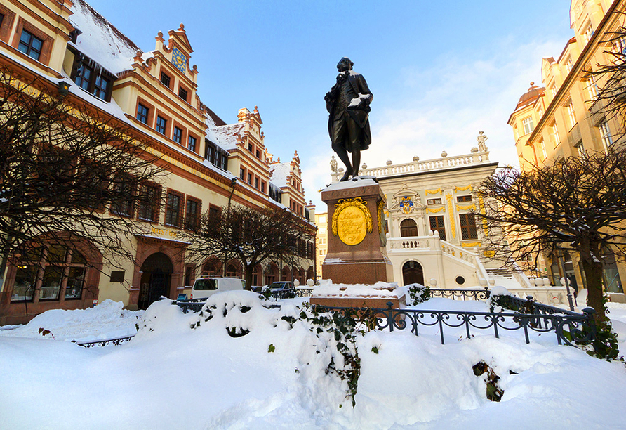 Auch im Winter ist Leipzig einen Besuch wert. Schauen Sie sich zum Beispiel das Goethe-Denkmal auf dem Naschmarkt an!