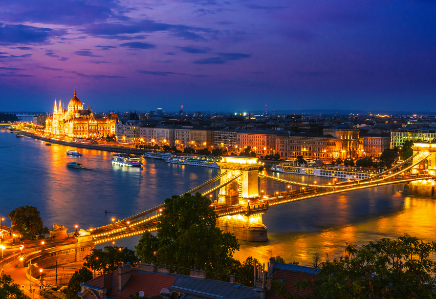 Nachts erleuchten die Gebäude und Brücken Budapests in glänzendem Gold.