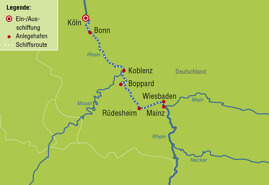 Ihre Reiseroute auf dem Rhein: von Köln nach Mainz/Wiesbaden und zurück