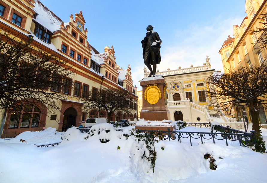 Das Goethe Denkmal ist unter einer Schneedecke begraben.
