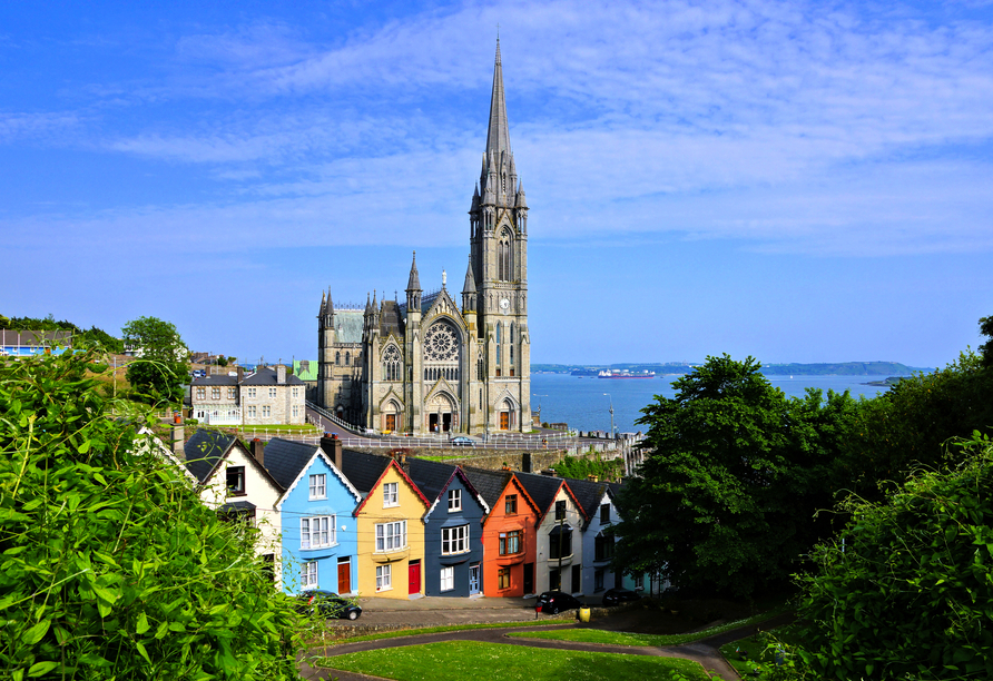 Die Kathedrale St. Colman's ist das Wahrzeichen von Cobh und thront majestätisch über den bunten Häusern der Stadt.