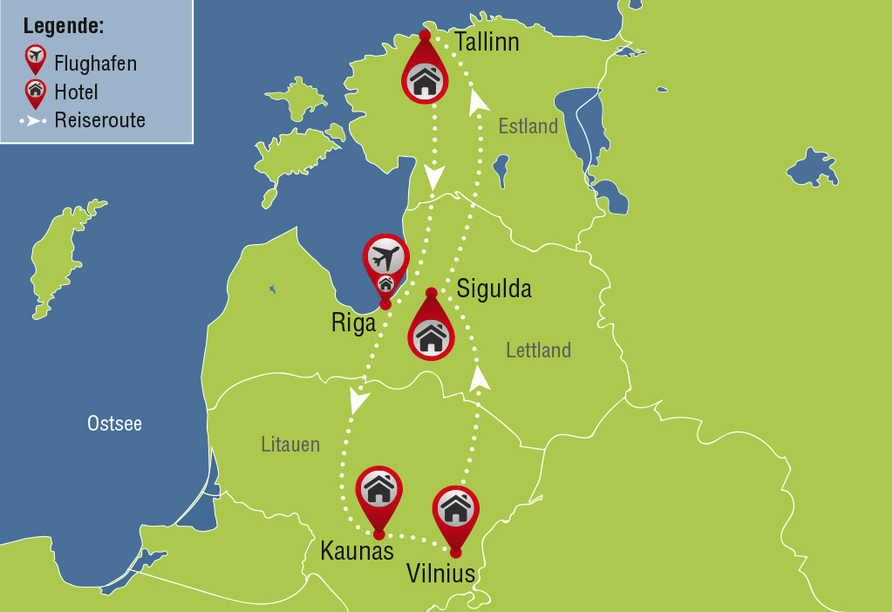 Mietwagenrundreise durch Lettland Litauen und Estland, Karte