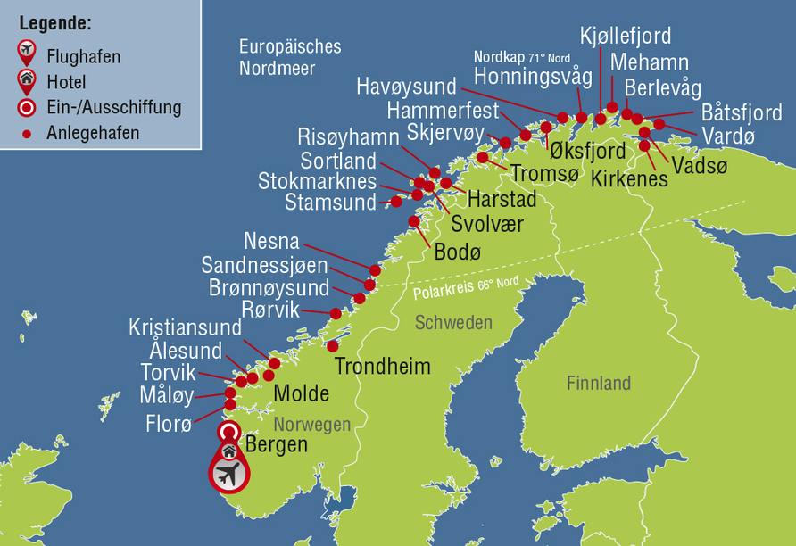 Ihre Reiseroute an der norwegischen Küste: von Bergen nach Kirkenes und zurück