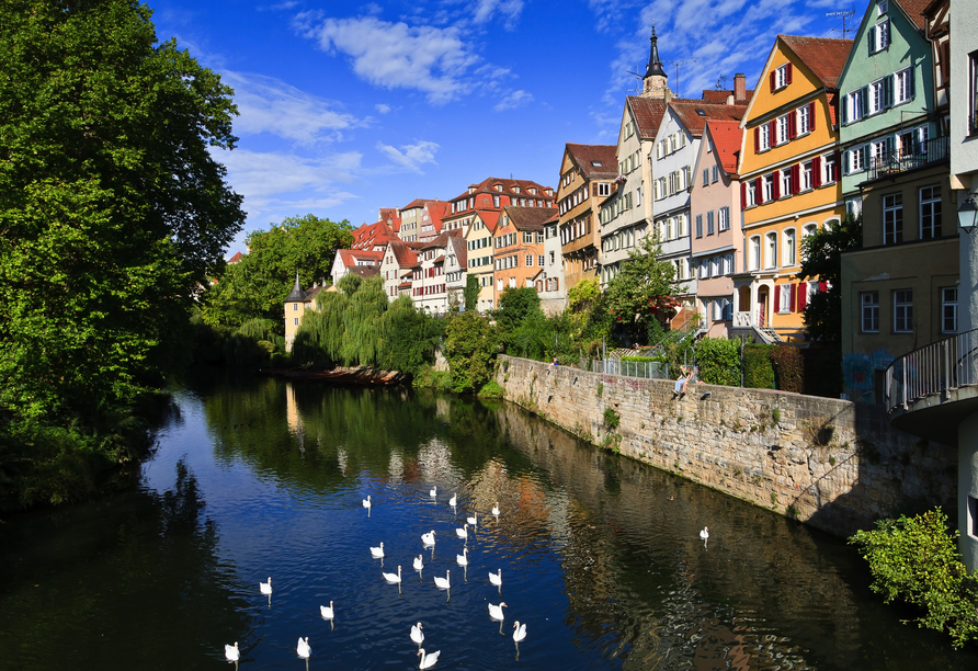 Das Neckarufer bietet den schönsten Blick auf die malerischen Giebelhäuser der Tübinger Altstadt bis zum Hölderlinturm.