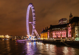 Am Abend leuchtet das Riesenrad London Eye und taucht die Kulisse in ein wunderschönes Licht.