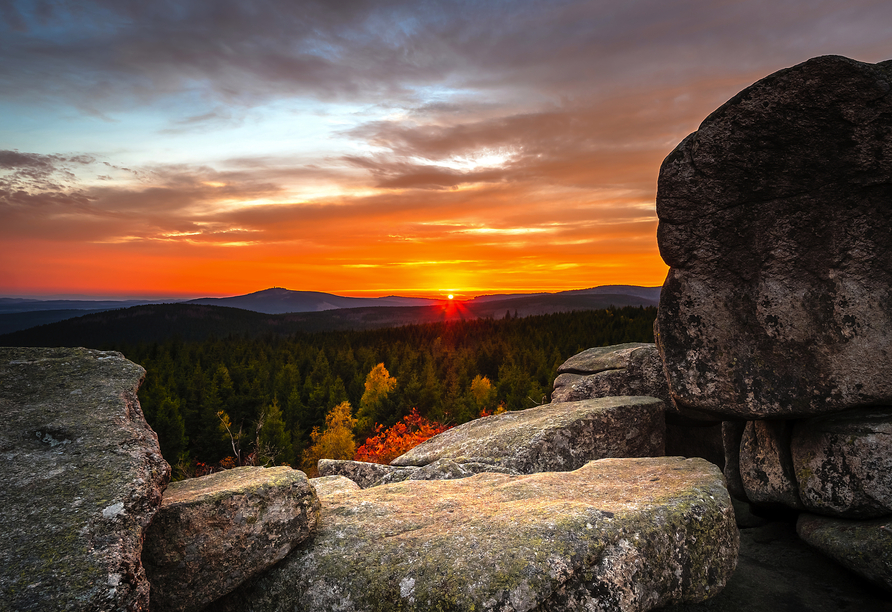 Die Leistenklippe im Harz erscheint bei Sonnenuntergang noch etwas magischer.