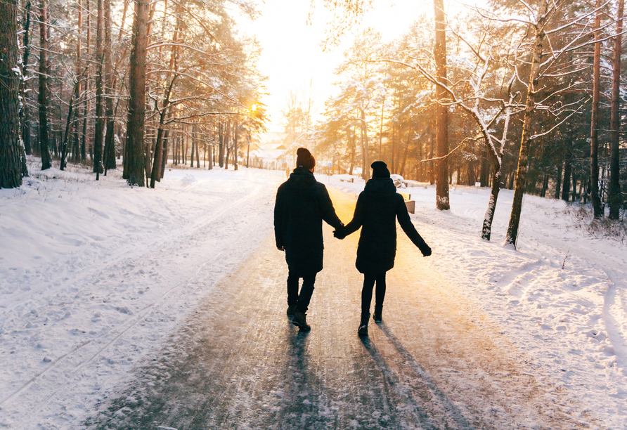 Unternehmen Sie einen gemütlichen Spaziergang durch die Winterlandschaft.
