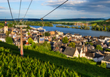 Blick aus der Seilbahn über die Weinberge und Rüdesheim