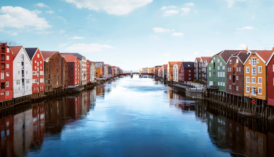 Bewundern Sie die traditionellen bunten Häuser in Trondheim.