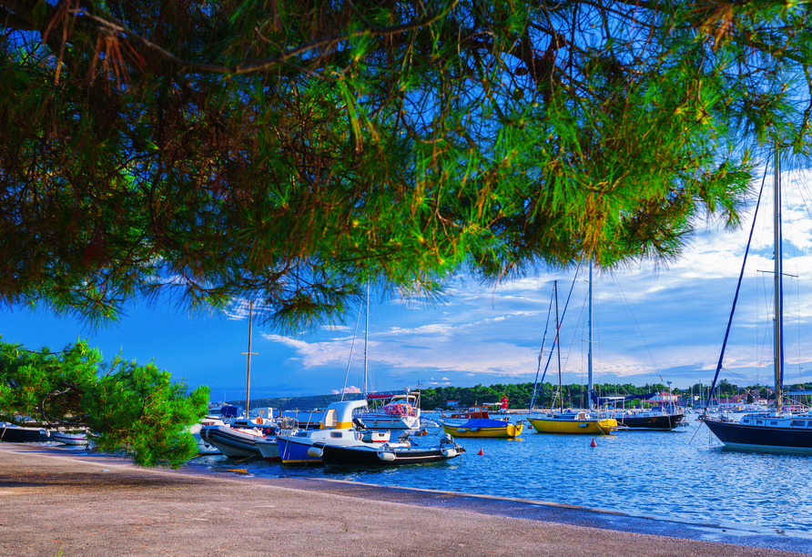 Schlendern Sie bei einem Ausflug auf die Insel Krk entlang des Hafens der gleichnamigen Stadt.
