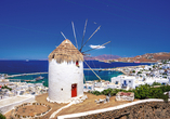 Bestaunen Sie die traditionellen griechischen Windmühlen auf Mykonos.