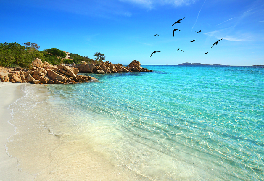 Weiße Sandstrände und kristallklares Wasser machen die Costa Smeralda zu einem Küstenparadies.