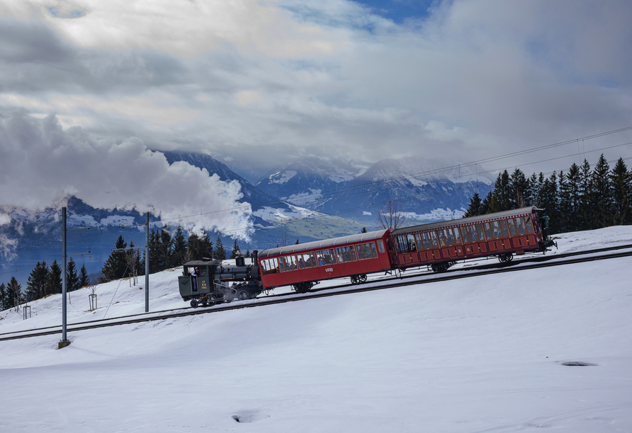 Genießen Sie die traumhafte Winterlandschaft bei einer Bergfahrt mit einer Rigi-Dampfbahn.