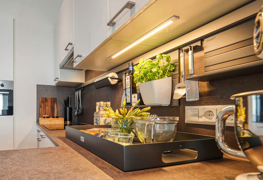 Die Küche des Hausbootes ist modern eingerichtet.