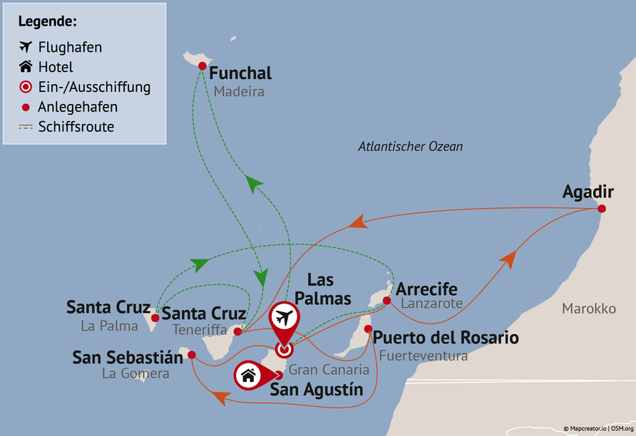 Ihre Reiseroute an den Reiseterminen 12.11.23, 04.02.24 (orange) und 28.01.24, 25.02.24 (grün)