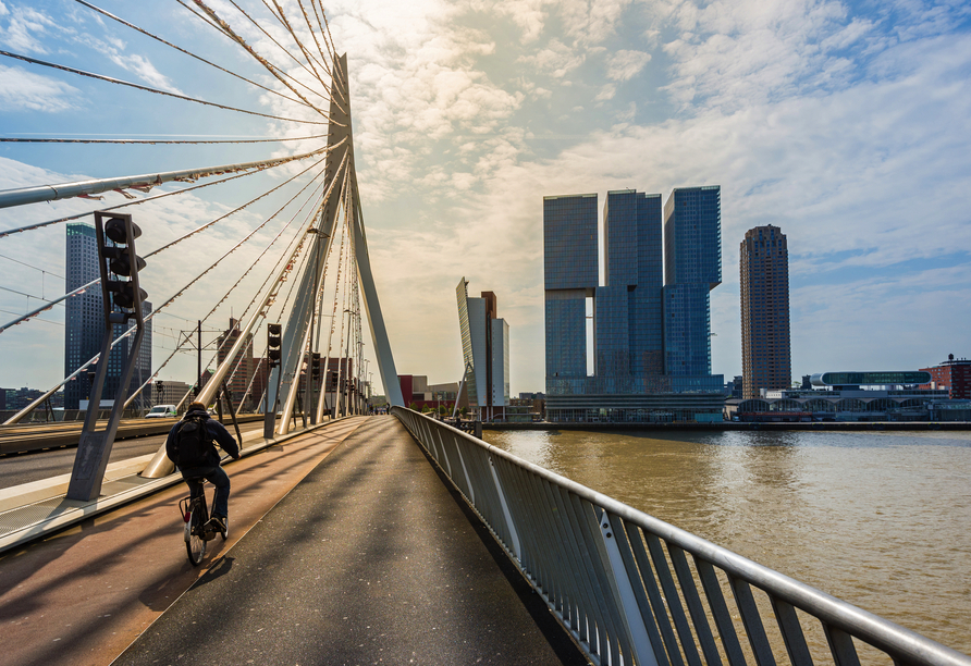Fahren Sie mit dem Fahrrad über die Erasmus-Brücke in Rotterdam mit Blick auf moderne Hochhäuser.