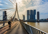 Fahren Sie mit dem Fahrrad über die Erasmus-Brücke in Rotterdam mit Blick auf moderne Hochhäuser.