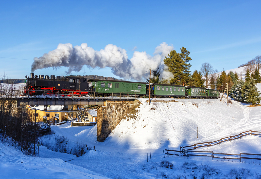 Einsteigen, zurücklehnen und die winterlichen Landschaften betrachten – das ist eine Fahrt mit der Fichtelbergbahn wert.