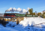 Einsteigen, zurücklehnen und die winterlichen Landschaften betrachten – das ist eine Fahrt mit der Fichtelbergbahn wert.