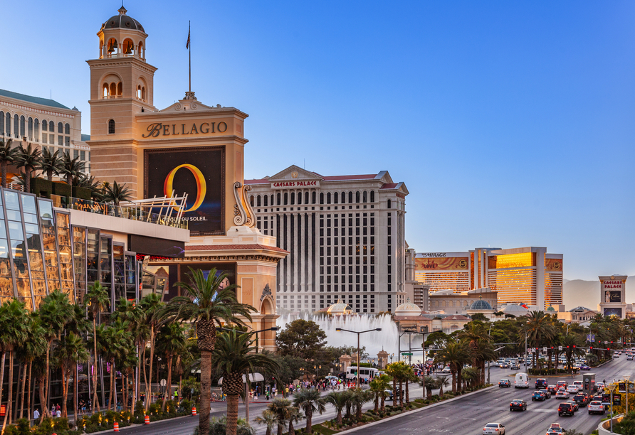Auf dem Las Vegas Strip in Nevada sind bekannte Casinos und Hotels untergebracht, so zum Beispiel auch das Bellagio.