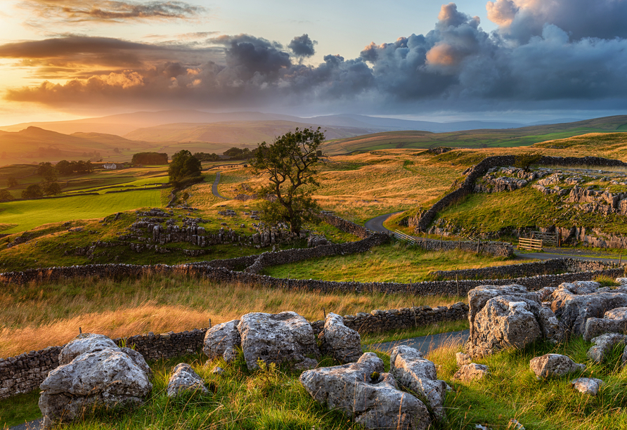 Herzlich willkommen zu Ihrer Rundreise durch Großbritannien und Irland! Auf dem Bild ist der malerische Yorkshire Dales Nationalpark zu sehen.