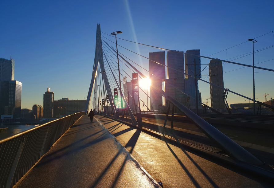 Die Sonne wirft an einem kalten Wintermorgen lange Schatten auf die Erasmus-Brücke in Rotterdam.