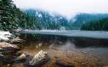 Der gefrorere Arbersee mit Schnee und Nebel strahlt eine einmalige Atmosphäre aus.