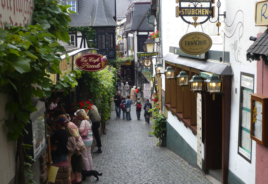 In Rüdesheim sollten Sie unbedingt die berühmte Drosselgasse besuchen und einen regionalen Wein probieren.