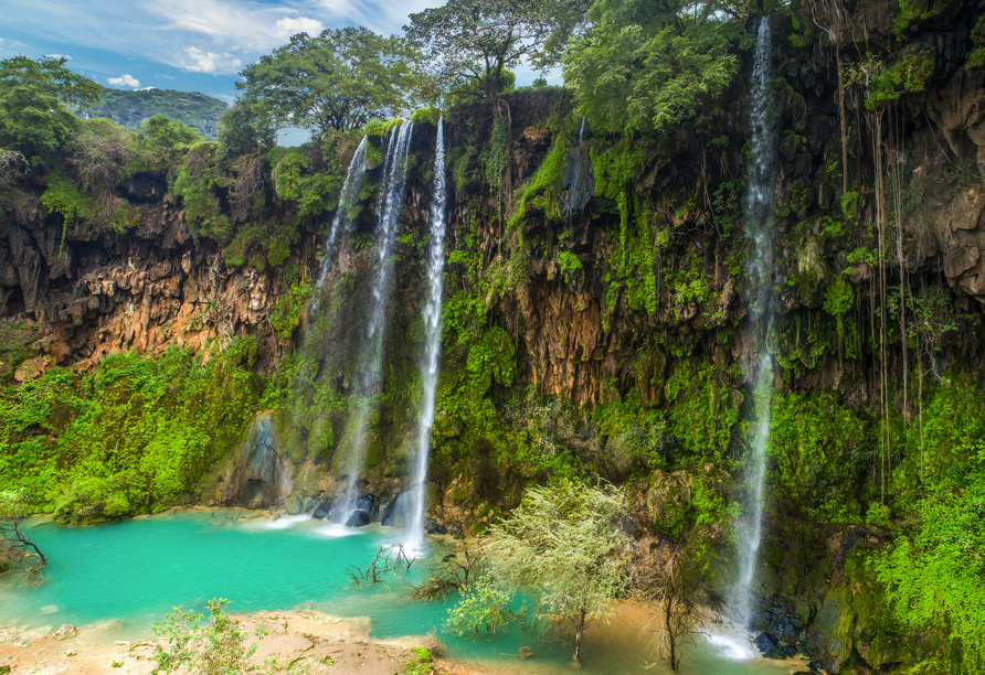 Freuen Sie sich bei Ihrem Kurzurlaub in Salalah im Oman auf beeindruckende Wasserfälle und üppige Landschaften.
