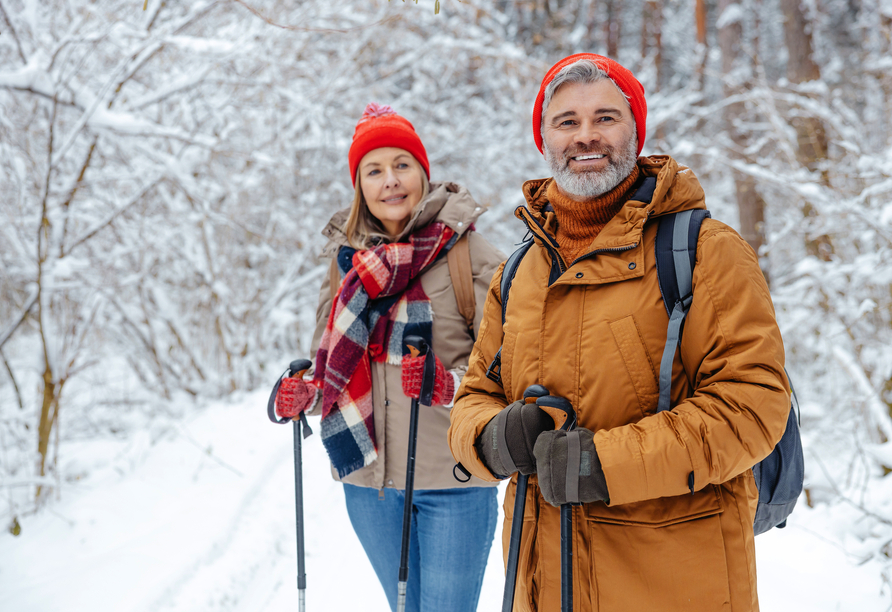 Unternehmen Sie eine winterliche Wanderung durch die verschneiten Wälder.