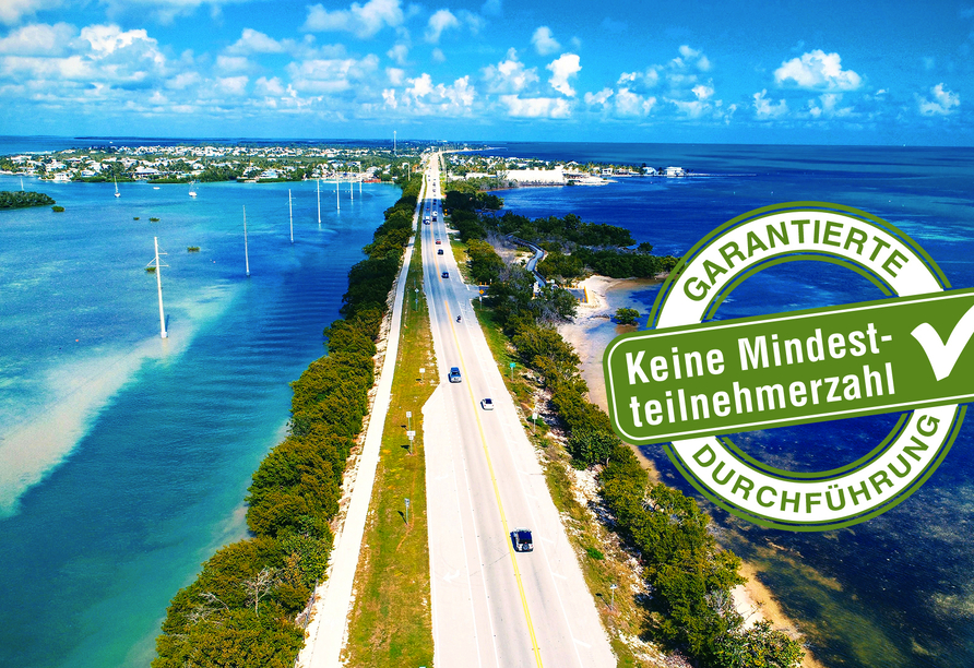 Auf dem Weg nach Key West geht es über unzählige Brücken und idyllische Inselchen. Grandiose Ausblicke garantiert!