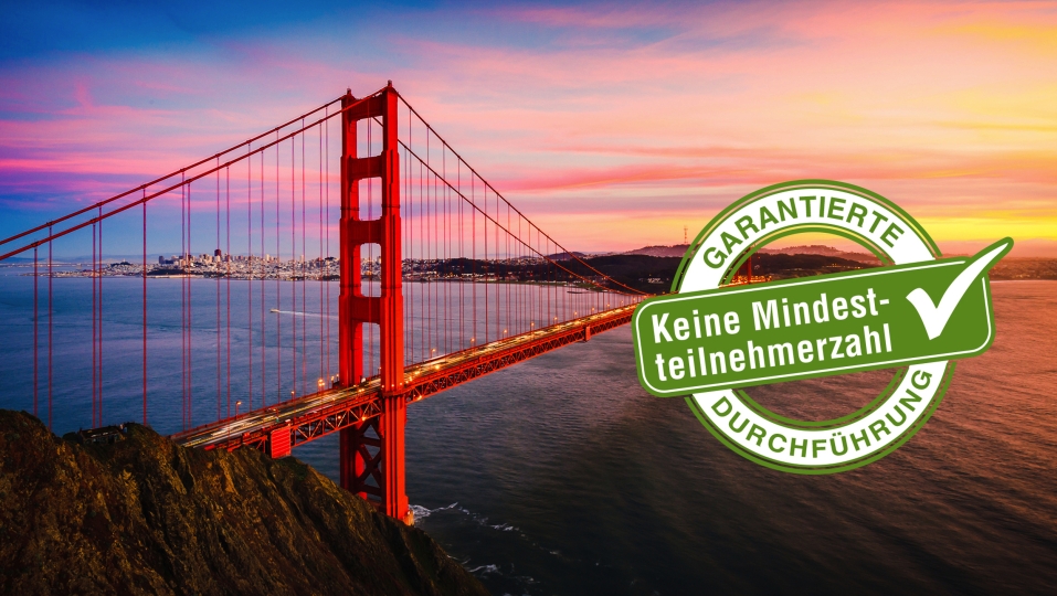 Bei Sonnenuntergang verzaubert die Golden Gate Bridge einfach jeden Urlauber.