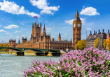 Entdecken Sie die Londoner Wahrzeichen Big Ben und den Westminster Palace.